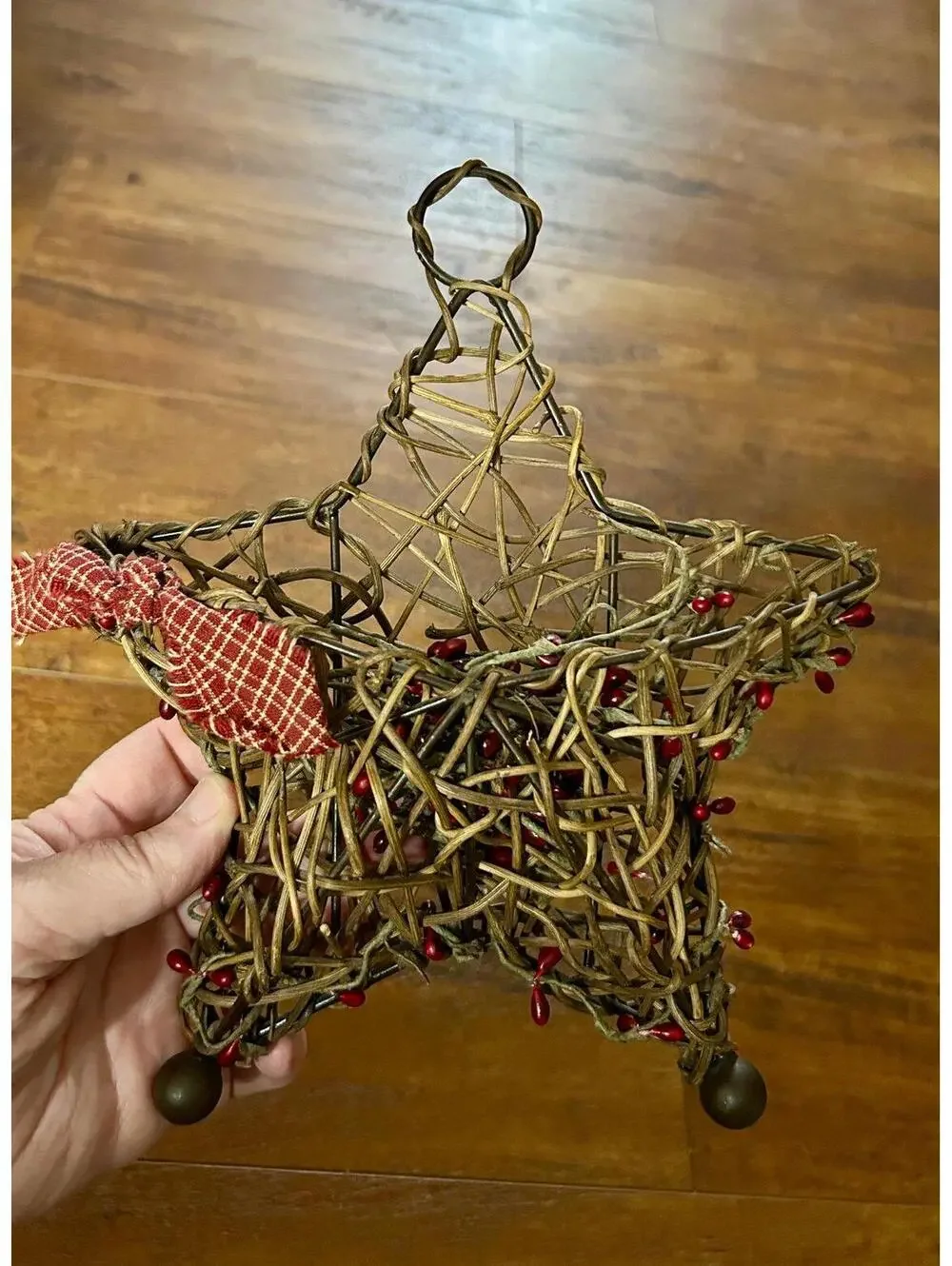 Rustic Rattan and Berry Christmas Tree Star Ornament Holiday Decor